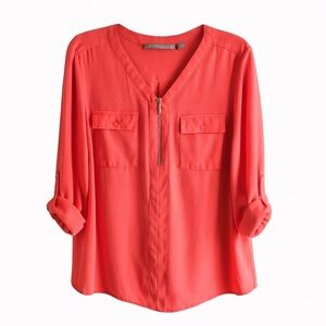 Valerie Stevens Coral Zip Front V-Neck Blouse Size L